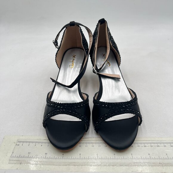 XYD Black Open Toe Rhinestones Ankle Strap Sandals Low Heel Bridal Evening Shoes - Picture 3 of 8